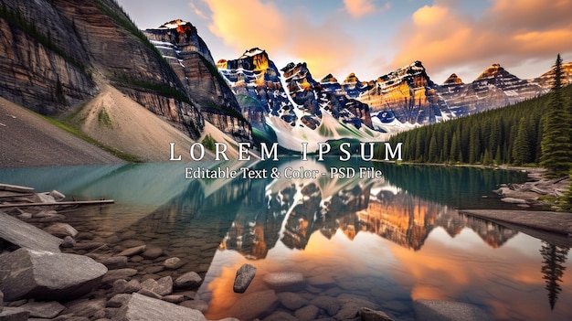 PSD alpine lake in mountains at sunset moraine lake in banff national park