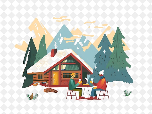 PSD alpine lodge with ski instructor characters having a hot coc people life style flat illustration