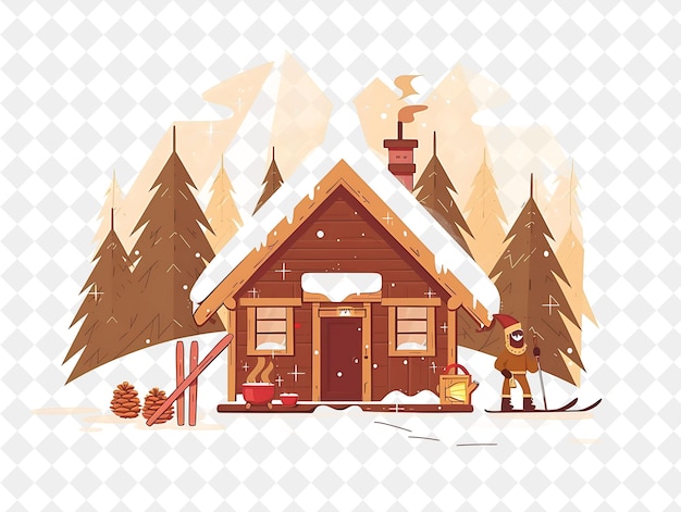 PSD alpine lodge with ski instructor characters having a hot coc people life style flat illustration