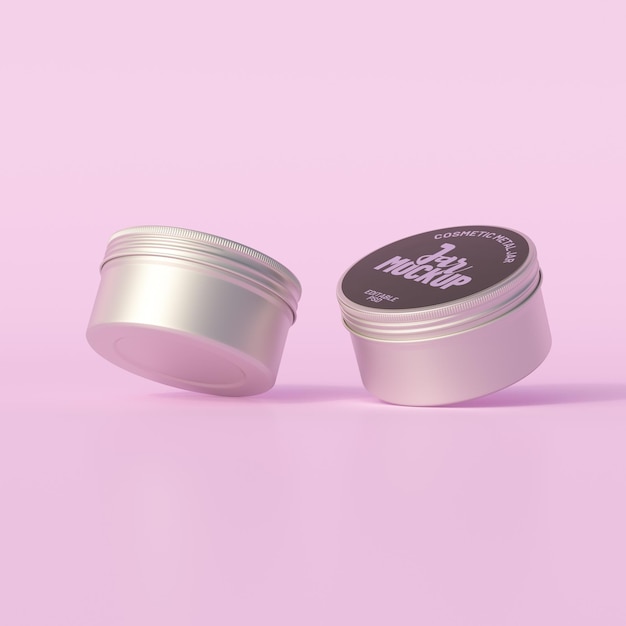 Aluminium metallic round tin editable cosmetic jar mockup 3d rendering