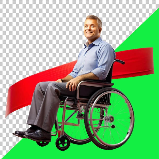 PSD aman in a wheelchair isolated red banner designse on transparent background