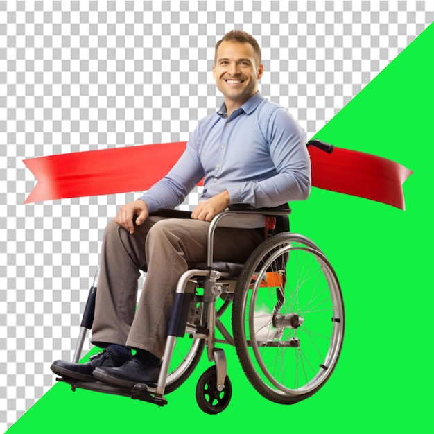 PSD aman in a wheelchair isolated red banner designse on transparent background