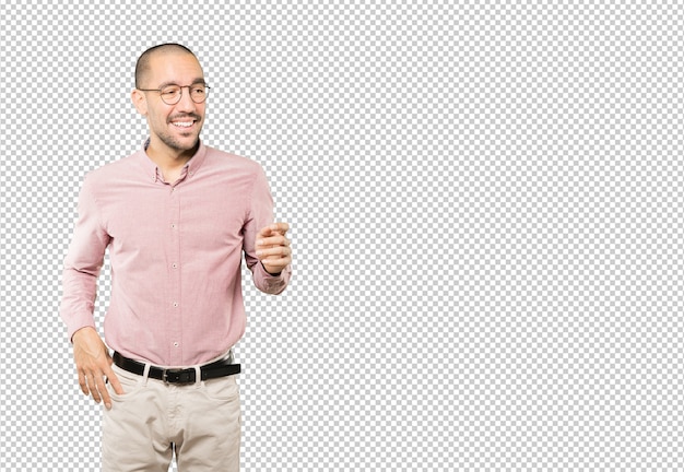 Amazed young man looking up gesture