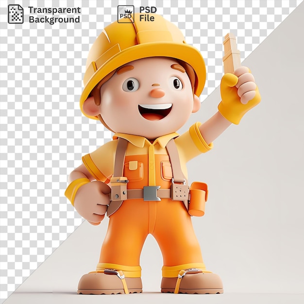 amazing 3d construction worker cartoon building a skyscraper with a yellow arm and toy wearing an orange and yellow hat and holding a yellow hand against a white wall with an open mouth and