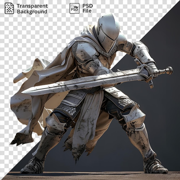 amazing 3d knight wielding a sword and wearing a silver helmet with a leg visible in the foreground