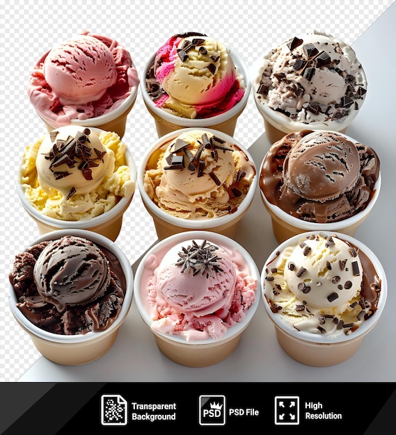 PSD amazing assorted ice cream tubs with chocolate shavings isolated on transparent background