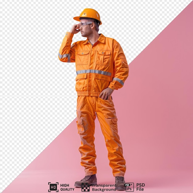 amazing builder young man constructiuniform and safety helmet looking aside puzzled standing in front of pink background