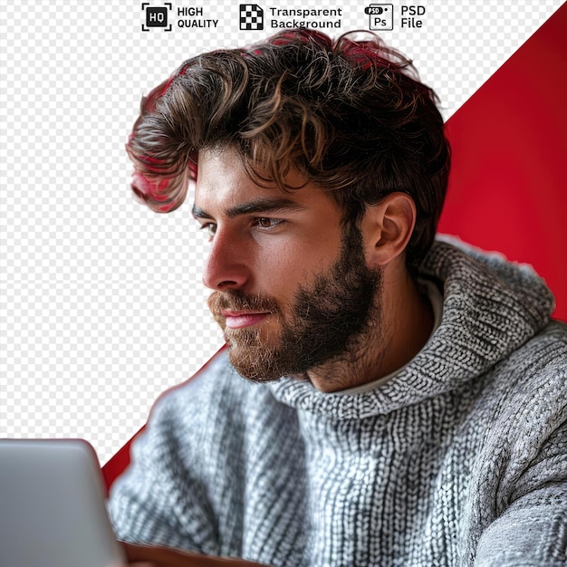 PSD amazing concentrated man looking at his notebook computer in front of a red wall with a black and brown beard brown hair and large nose while his hand rests on the keyboard png psd