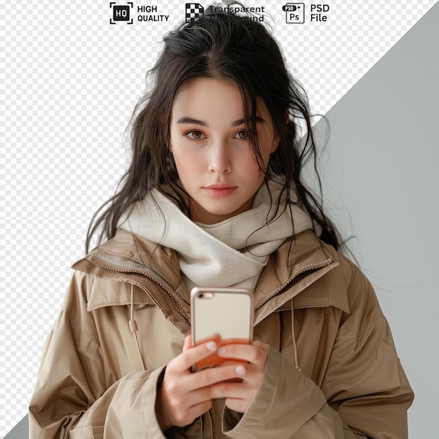 amazing connected woman with long brown hair and white scarf holding a cell phone in front of a white wall with a brown eye and hand visible in the foreground png psd