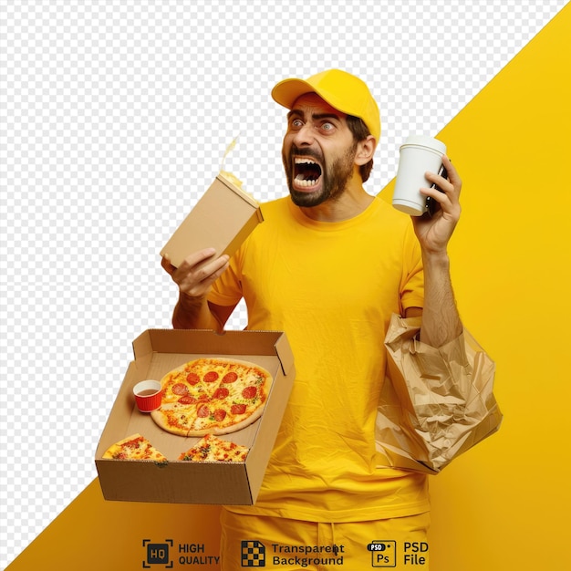 PSD amazing delivery man employee yellow cap blank tshirt uniform holding food container and pizza box with paper bag teeth talking mobile phone with annoyed expressistanding look