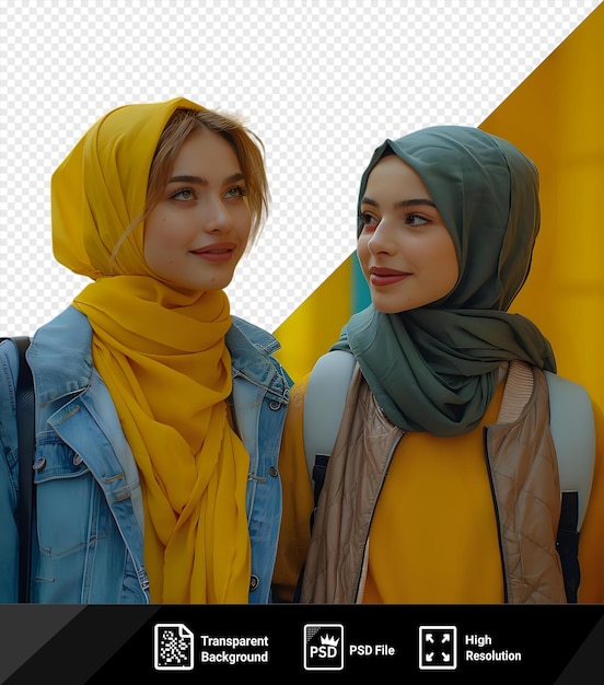 amazing discussion of two women one wearing a blue jacket and the other a yellow scarf stand next to each other the woman on the left wears a yellow scarf and the woman on the right png