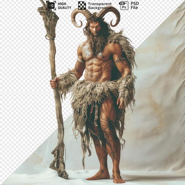 amazing donar germanic god with a long beard and long hair stands in front of a white wall holding a long stick while a brown leg and hand are visible in the foreground