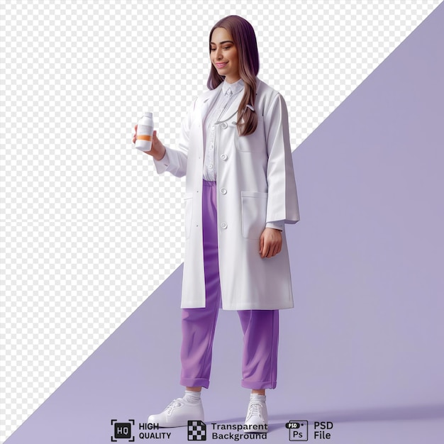 amazing female doctor holding a medicine bottle in hand wearing purple pants and white shoes with long brown hair flowing and a dark shadow in the background