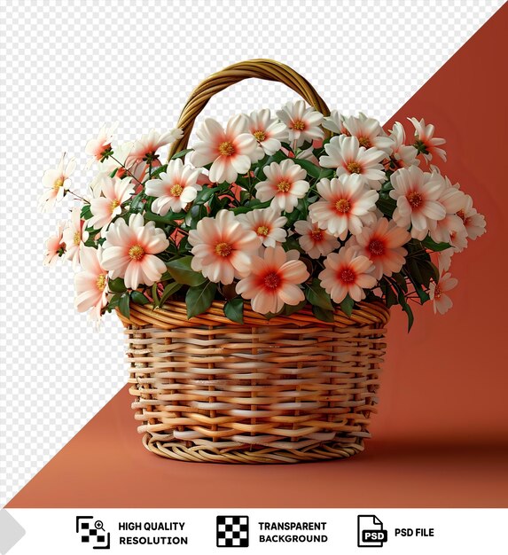 PSD amazing fresh attractive flowers in wicker basket on a red background