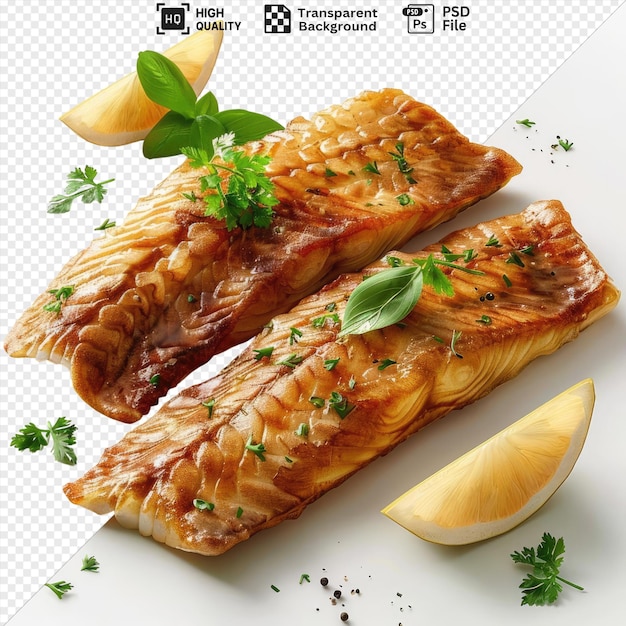 amazing fried fish fillets topped with herbs and served on a white plate garnished with a lemon and garnished with a green leaf png psd