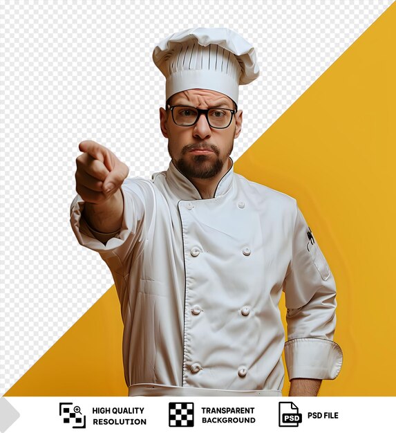 PSD amazing frowning young chef wearing glasses uniform and cap looking and pointing camera