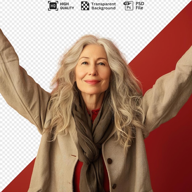 amazing gray haired senior woman standing with her arms up in front of a red wall wearing a brown and gray scarf and black buttons png