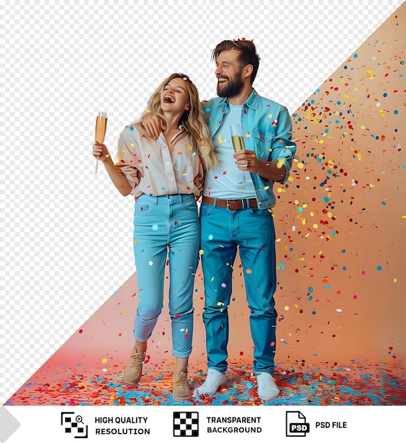 PSD amazing guy and girl with champagne rejoicing flying confetti in the air png