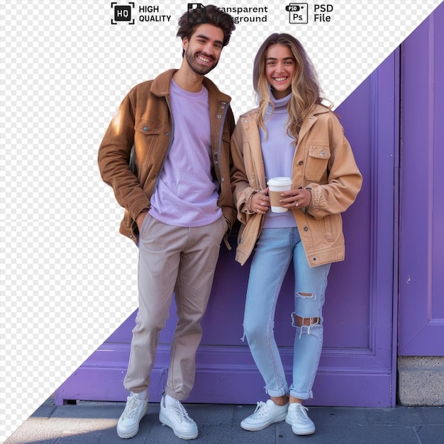 amazing happy couple posing in front of a purple door with the man wearing a brown jacket and gray pants and the woman wearing a purple shirt and blue jeans they are both smiling and holding png psd