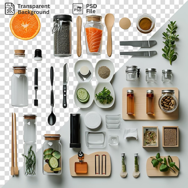 amazing health item set top view from above featuring a variety of food and drink items including a white bowl wood spoon black knife and orange orange arranged on a transparent background