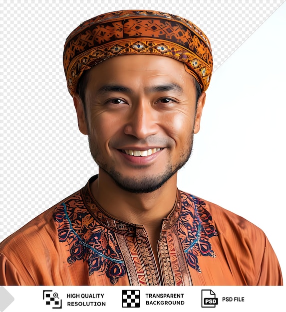 amazing islamic young man in an orange shirt and turban with a smiling face big nose and brown eyes wearing a silver zipper