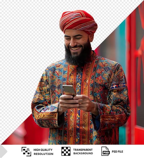 amazing joyous man photographing himself with his smartphone in front of a red wall wearing a striped red hat black beard and gold and silver ring on his hand png psd