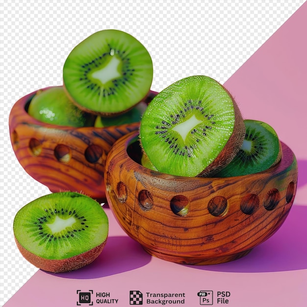 PSD amazing kiwi fruits in carved wooden bowls isolated on transparent background