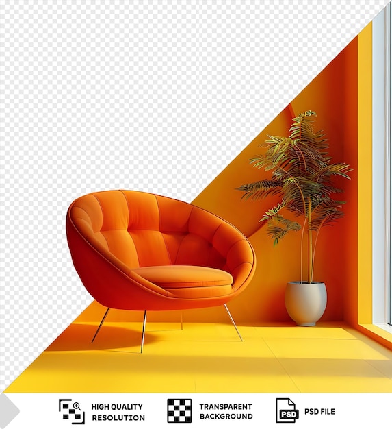 amazing nova scotian hodgepodge coms orange chair sits in front of a yellow and orange wall accompanied by a white vase on a white floor png psd