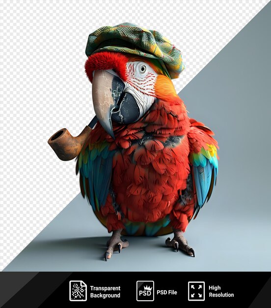 amazing parrot in cap sit with pipe on his beak png psd