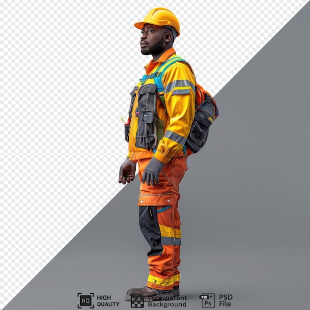 amazing pleased holding hands face young african american builder uniform with yellow hat black and gray glove and gray and black backpack png