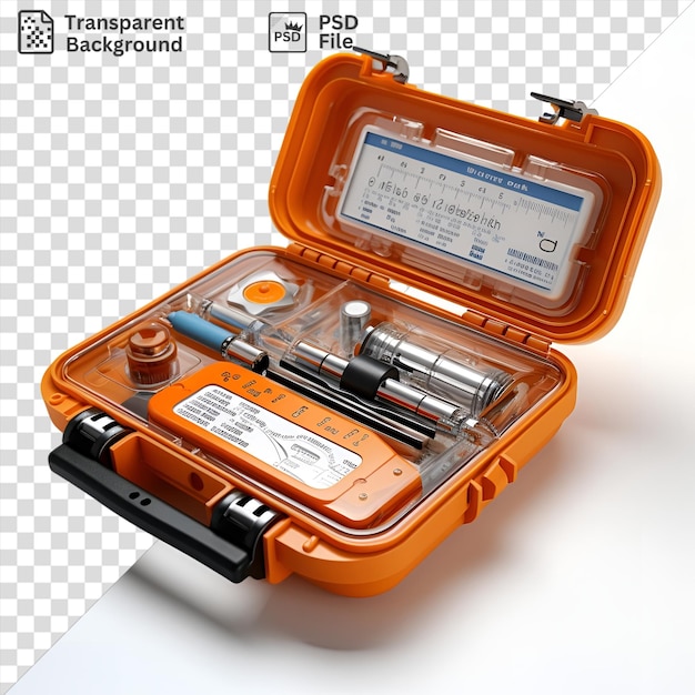 amazing realistic photographic hydrologists water testing kit featuring an orange case and a blue pen