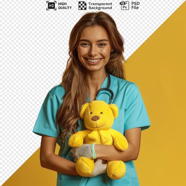 amazing smiling healthcare professional practising auscultation procedure on a soft toy in front of a yellow wall wearing a blue shirt and with long brown hair while holding a yellow bear png psd