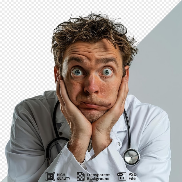 amazing suspicious young male doctor wearing medical robe and stethoscope around neck looking camera while keeping hands head to ear