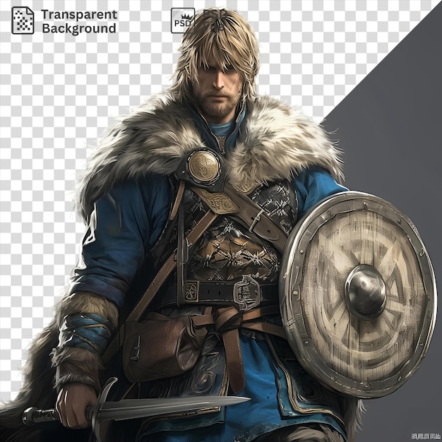 amazing thorfinn karlsefni from vinland saga wields a metal and silver sword while wearing a blue jacket and gray fur with his blond hair flowing in the wind