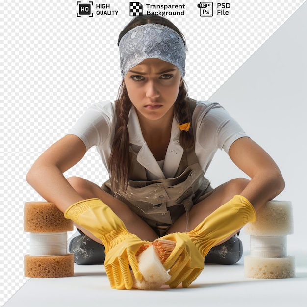 amazing unpleased young female cleaner wearing uniform bandana and rubber gloves stretching sponge and toilet brushes out towards camera looking brushes