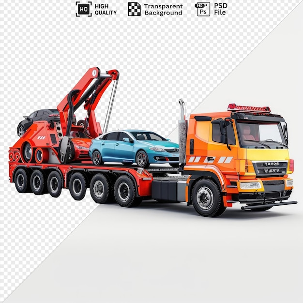 PSD amazing vehicle tow trucks with cars isolated on transparent background featuring an orange truck a blue car and a yellow and orange truck with a black tire in the foreground and a white