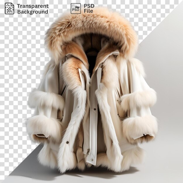 amazing white fur coat with fur trim on a grey background