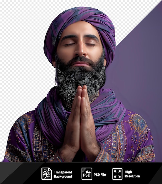 amazing young bearded arabian man in traditional clothing praying with closed eyes and a large nose wearing a purple scarf and holding a hand up to his face while his other eye is closed png psd