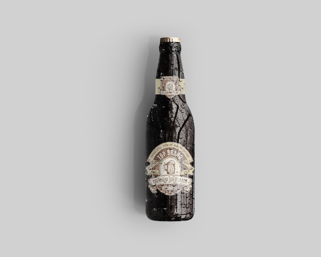 PSD amber glass beer bottle mockup with water drops - top view