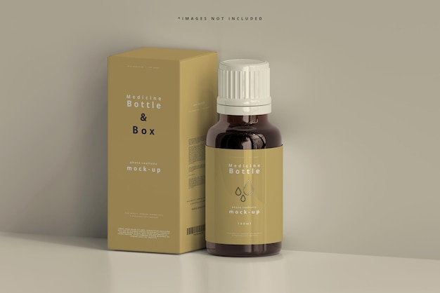 Amber Glass Medicine Bottle and Box Mockup