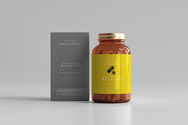 Amber Medicine Bottle and Box Mockup