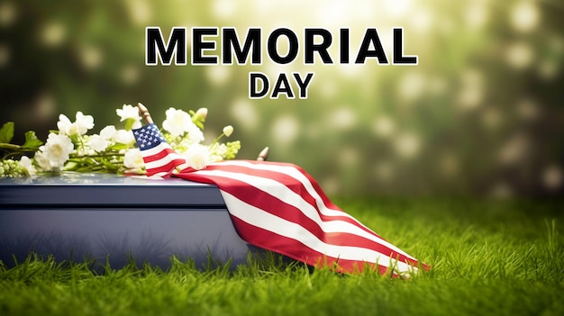 American flag on coffin with flowers 3d render smoth soft realistic backgorund high quality image