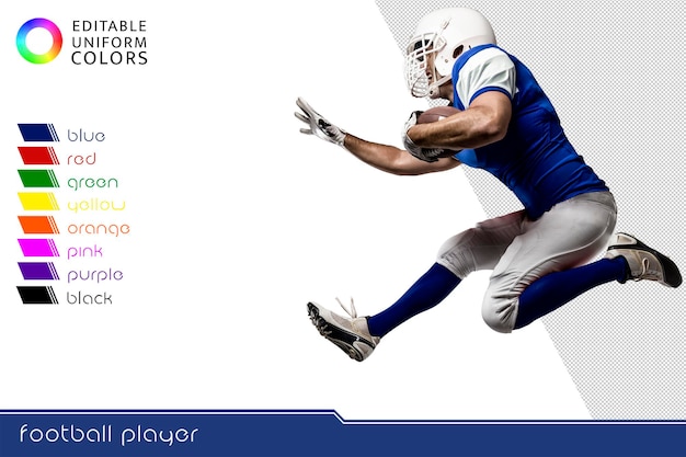 American football player with several colorful uniforms cut out