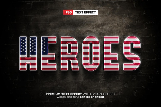 American Heroes metal chrome 3d text effect mock up with grunge background