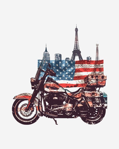 American motorcycle with flag and city poster design template