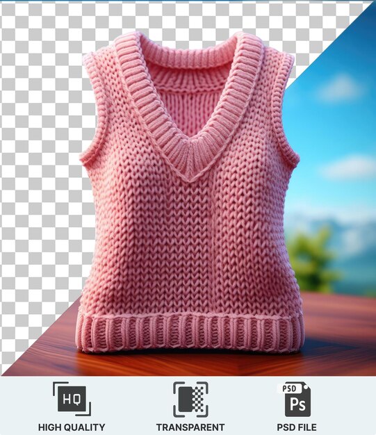 amidst a serene blue sky and white clouds a pink knitted sweater sits on a wooden table next to a knitted bag while a green tree stands in the background