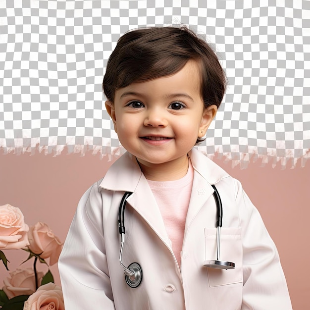 A Amused Toddler woman with Short Hair from the South Asian ethnicity dressed in Physician Assistant attire poses in a Intense Direct Gaze style against a Pastel Rose background