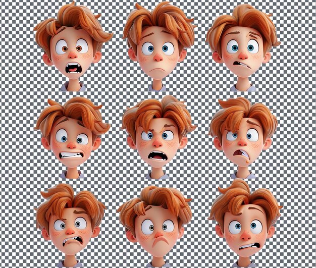 PSD amusing cartoon character expressions isolated on transparent background