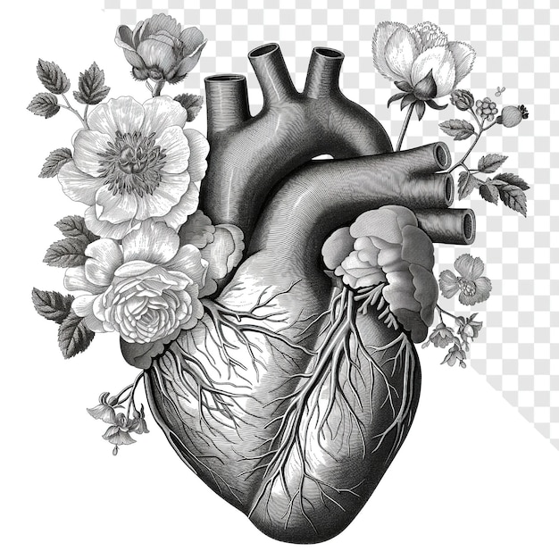 Anatomically Correct Human Heart with Monochrome Floral Designpsd