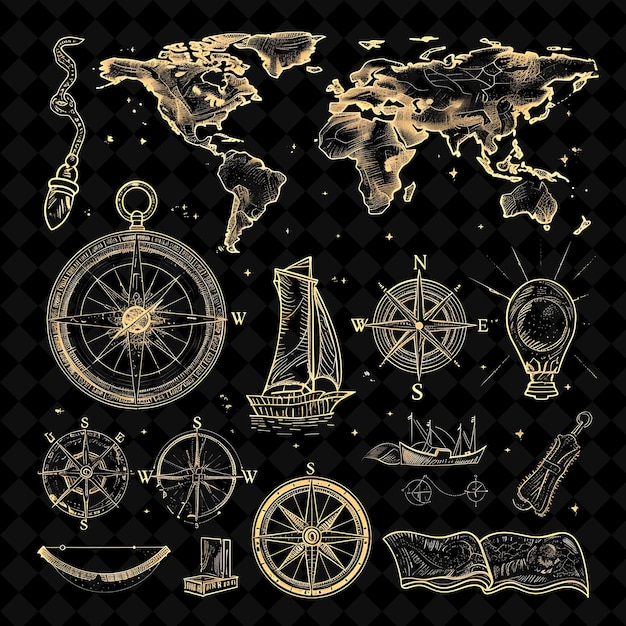 Ancient Map 16 Bit Pixel With Scroll and Compass With Sepia Y2K Shape Neon Color Art Collections